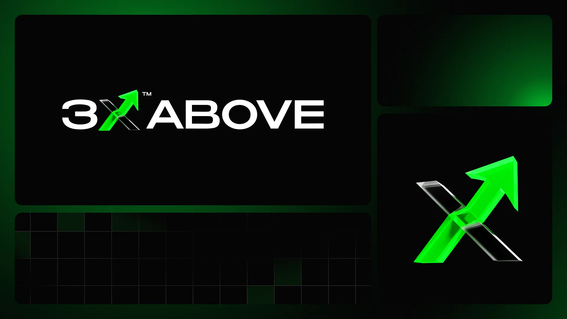 Brand board grid with the lockup, a green gradient tile and the 3D glass X arrow