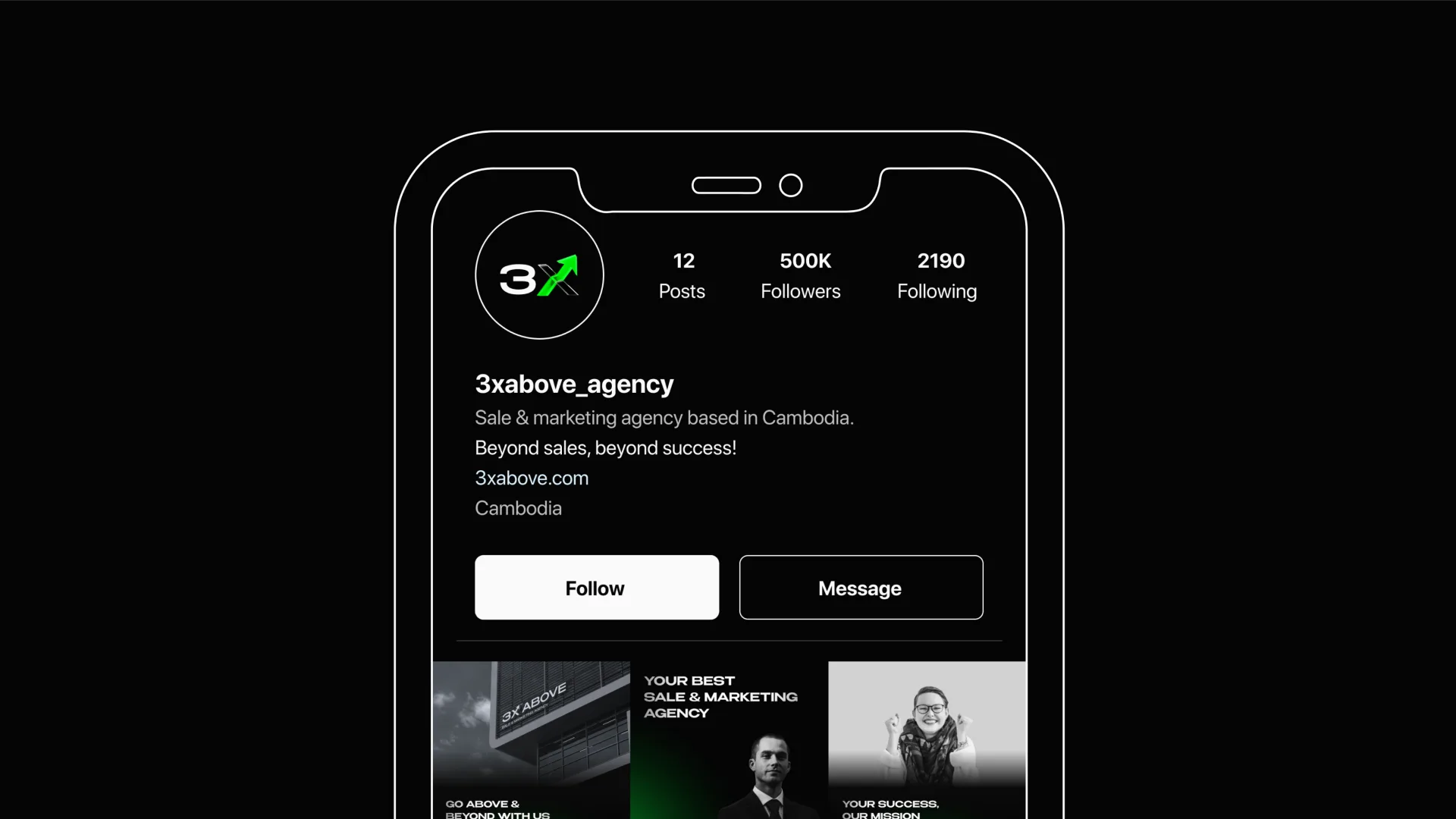 Outlined phone mockup of the 3xabove agency Instagram profile on black
