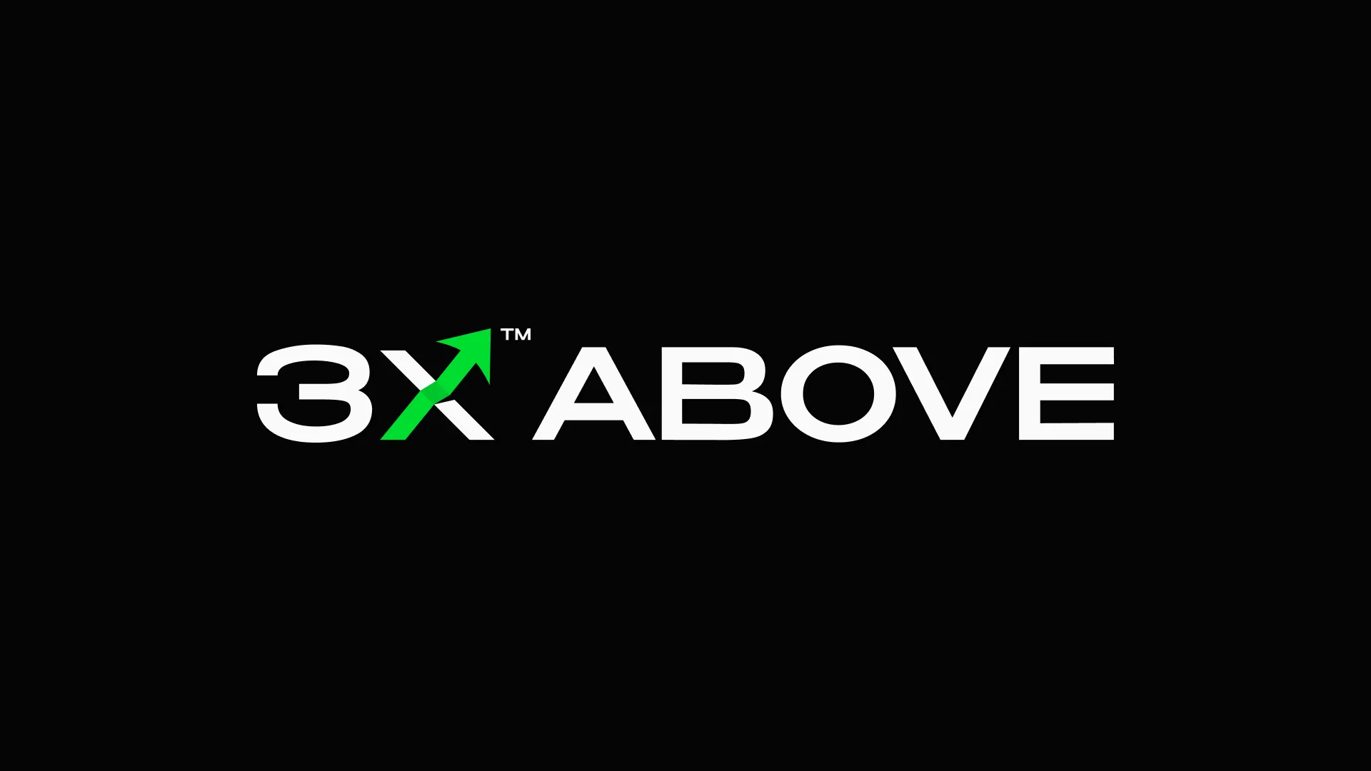 The 3X Above primary lockup on black, white wordmark with the green arrow rising out of the X