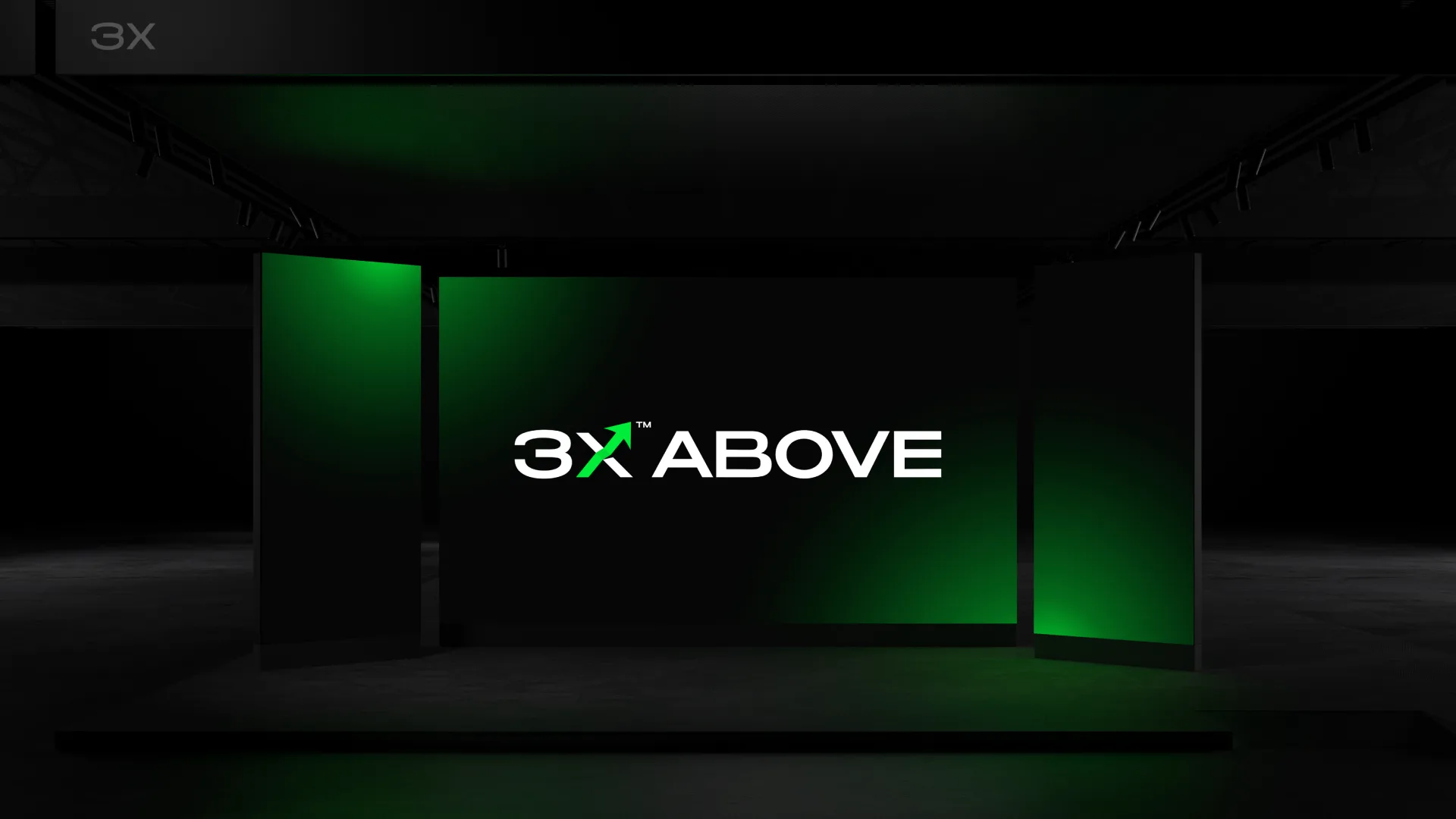 The 3X Above lockup glowing on a dark exhibition stage washed in malachite green light