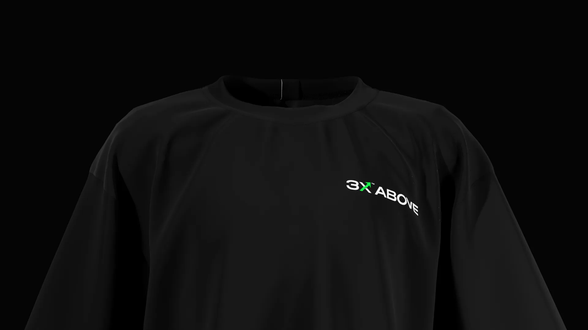 Black tee with the small 3X Above lockup on the chest
