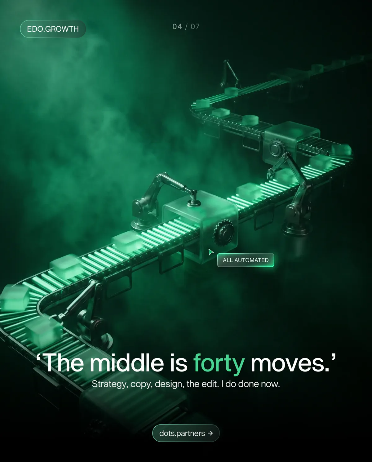Edo growth design: an isometric conveyor line carrying glowing blocks past robot arms, tagged all automated