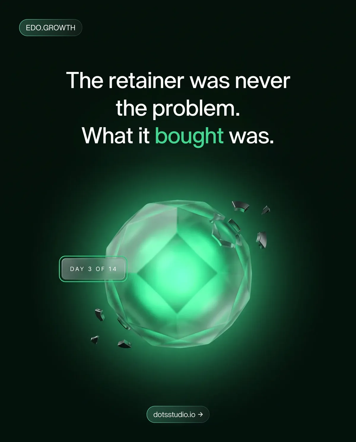 Edo growth design: a faceted glowing emerald sphere shedding fragments, on a dark emerald void
