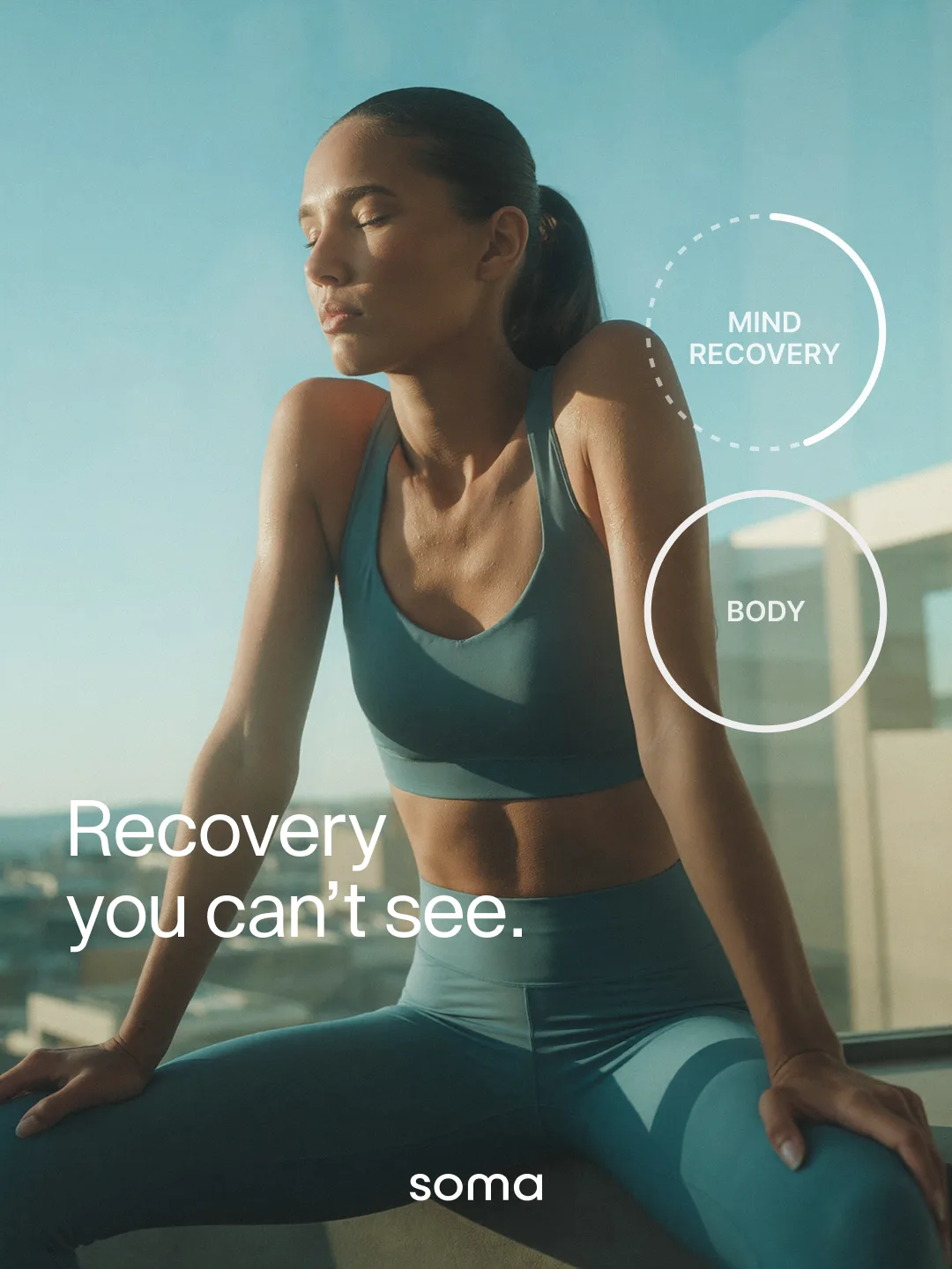 Soma social design: an athlete resting in the sun, a solid BODY ring beside a dashed MIND RECOVERY ring