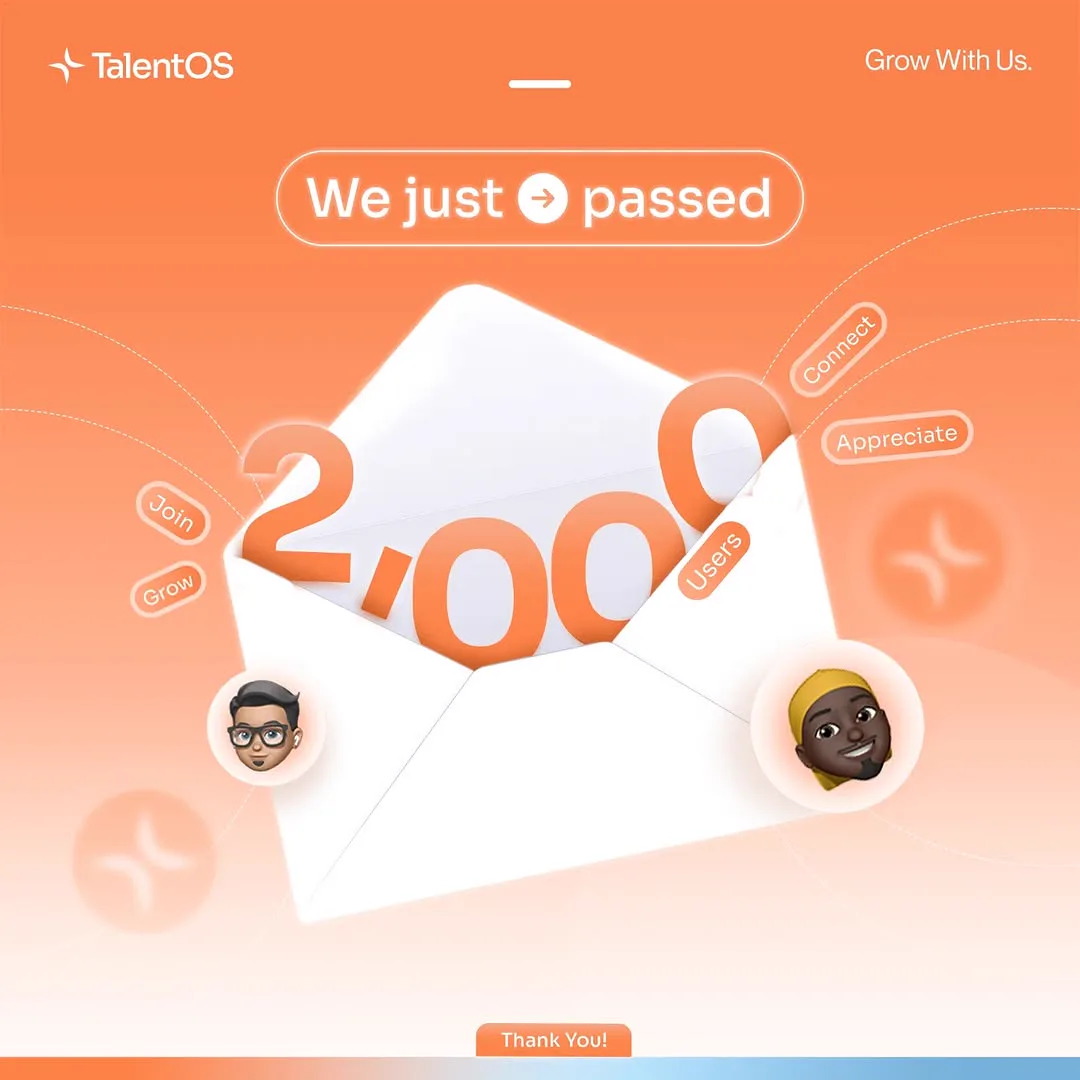 TalentOS social design: an open white envelope with 2,000 users spilling out of it on an orange ground