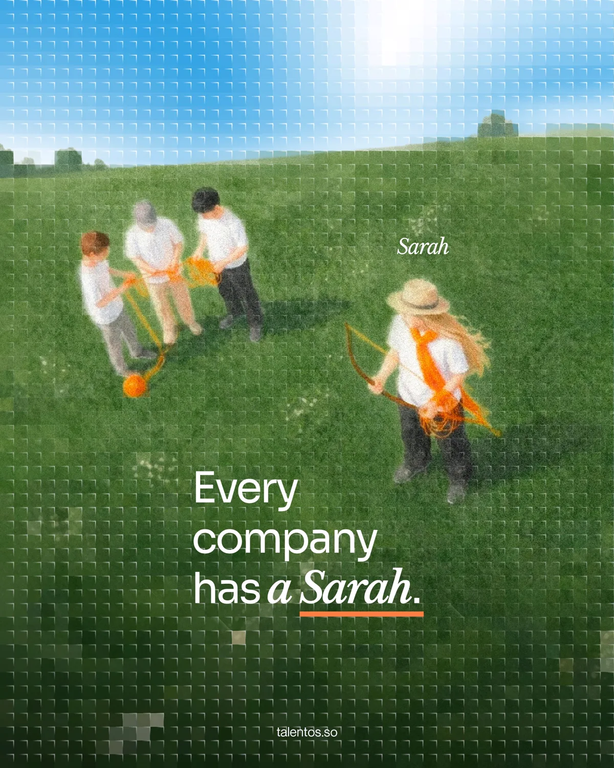 TalentOS social design: an aerial field scene where one figure labelled Sarah works alone ahead of a group, over a pixel grid