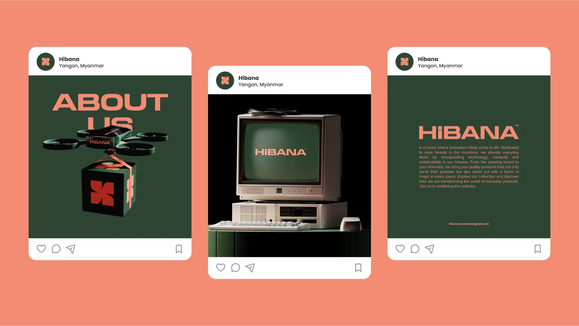 Three Hibana Instagram posts, about us with the drone, a retro computer, and the brand story