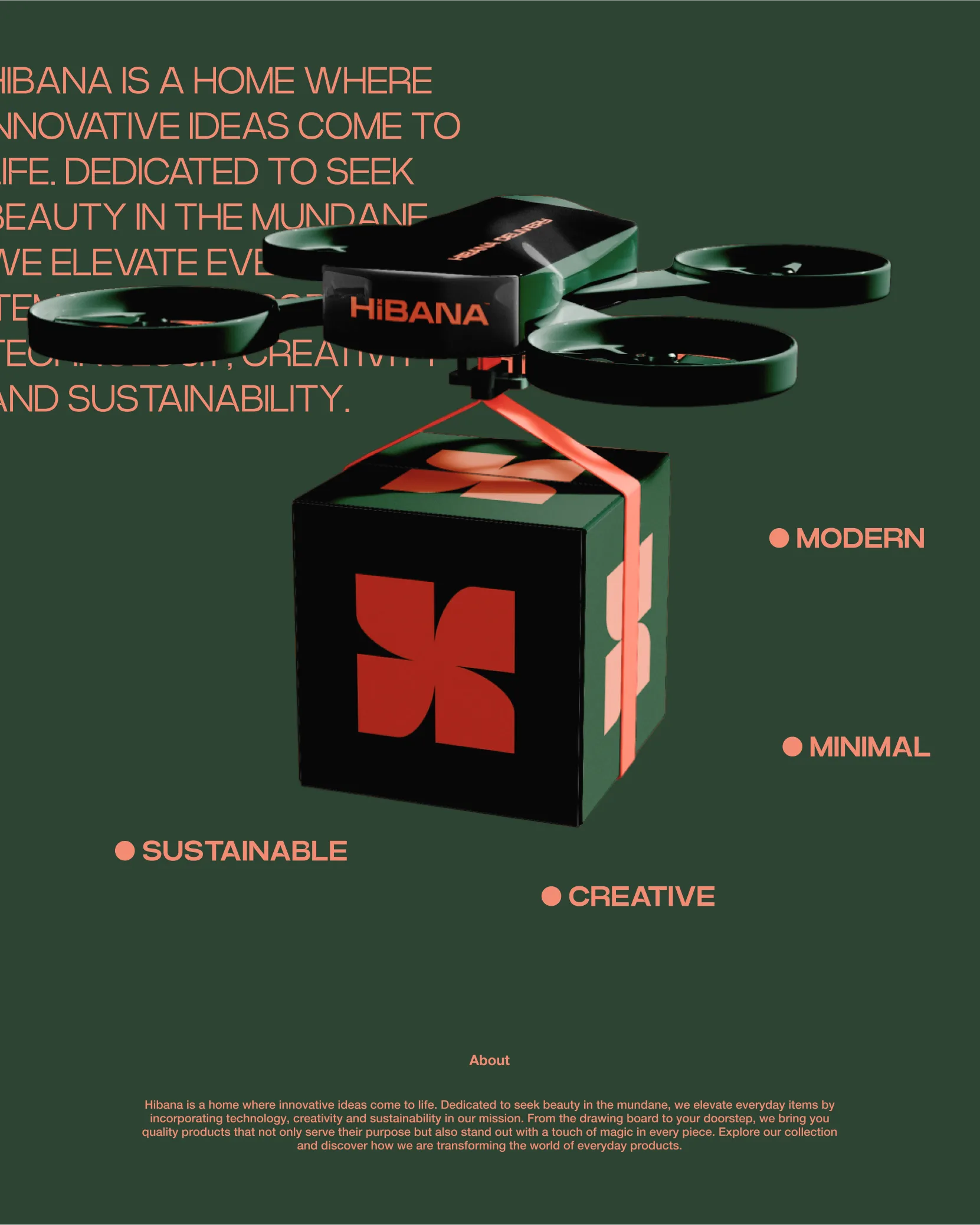 The Hibana about section, a drone lowering a spark patterned box beside the brand values