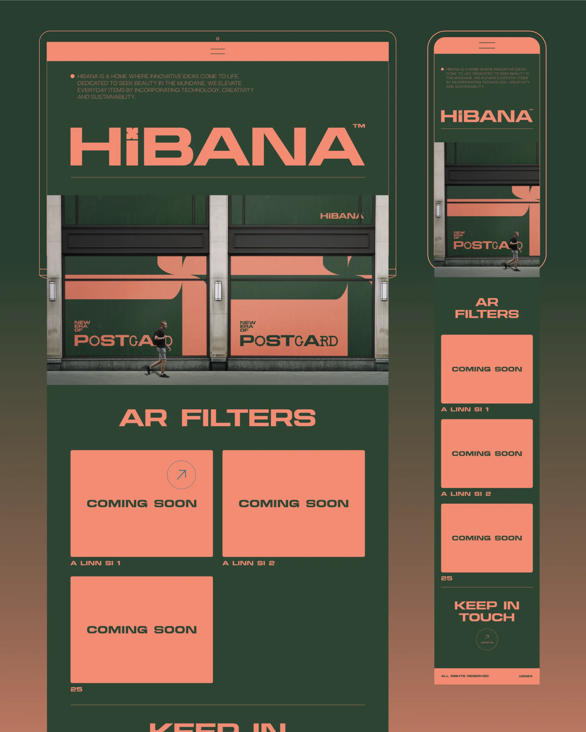The full Hibana launch page design in desktop and mobile, storefront, AR filters and keep in touch